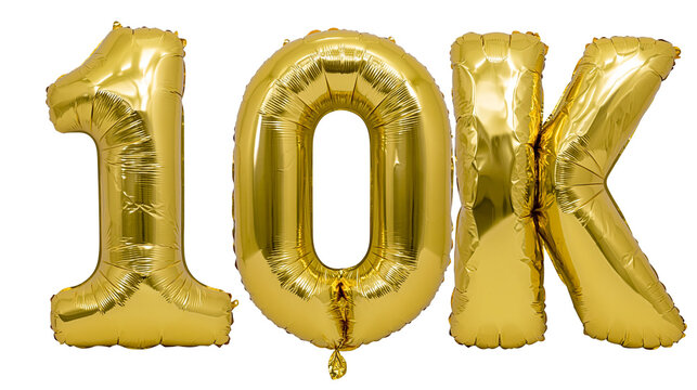 Shiny gold foil balloons forming 10K , isolated on transparent background