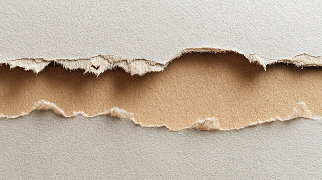 torn kraft paper revealing clean background underneath, rough ripped edges with realistic fibers, large copy space, ultra realistic texture