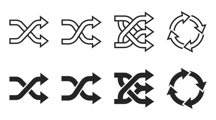 Fototapeta premium Set of shuffle and repeat arrow icons representing random order and cycle actions in minimal line style with direction