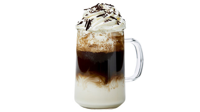 Tall glass mug with layered iced coffee whipped cream and chocolate shavings, isolated on transparent background