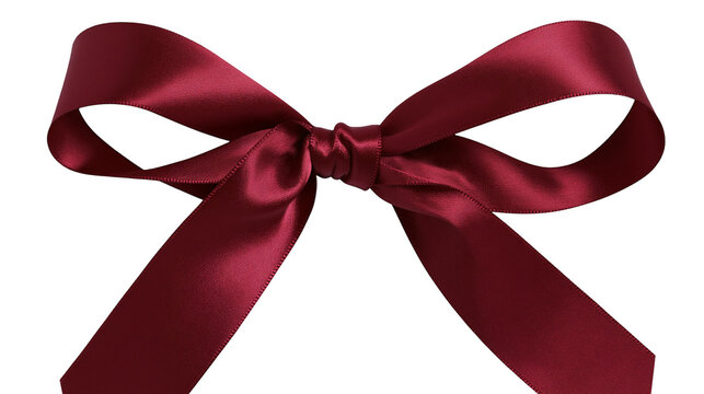 Deep red satin ribbon bow tied knot with flowing tails, isolated on transparent background