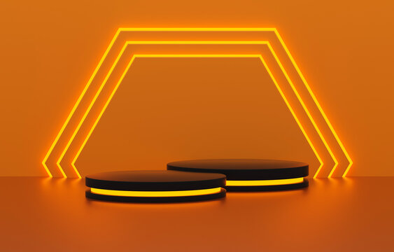 Product display podiums with glowing halloween neon light