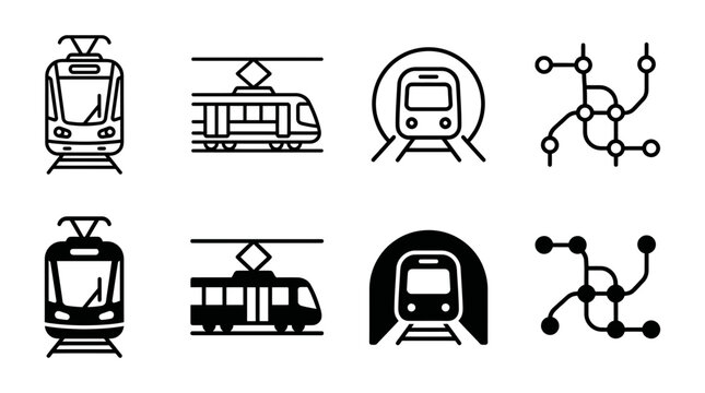 Public rail transit and underground subway metro map icons set with underground transport navigation connection