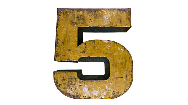 Rusty yellow metal number 5 with chipped paint, isolated on transparent background