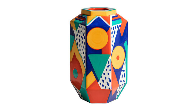 Colorful geometric patterned vase with memphis design with featuring playful memphis various geometric shapes vibrant multi faceted polka dots