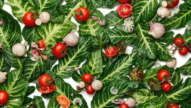 Fresh Red Tomatoes and Silverbeet Leaves Arranged on White Background