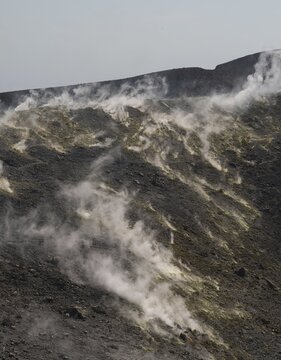 Crater rim, sulfur, sulfur vapors rise, Vulcano, Aeolian or Lipari Islands, Sicily, southern Italy, Italy