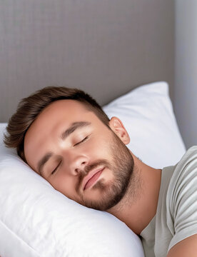 A young bearded man sleeps peacefully with his eyes closed on a soft white pillow, resting comfortably in bed, representing deep relaxation and healthy sleep.