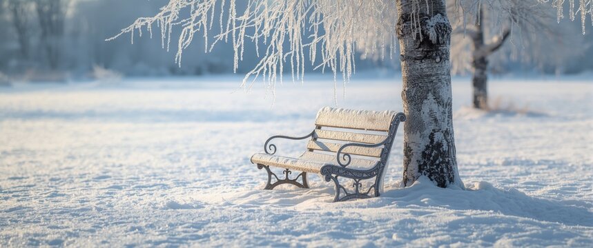 Snowy Park Bench Under Frost-Covered Tree in Soft Winter Light