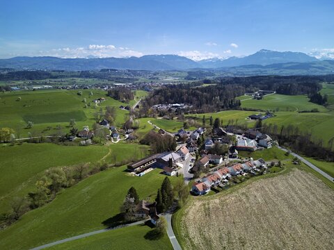 Meienberg hamlet with the Rigi in the back, Sins, Freiamt, Aargau Canton, Switzerland
