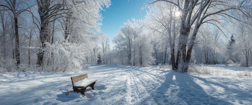 Snowy Park Landscape with a Wooden Bench Under Frosty Trees on a Clear Winter Day
