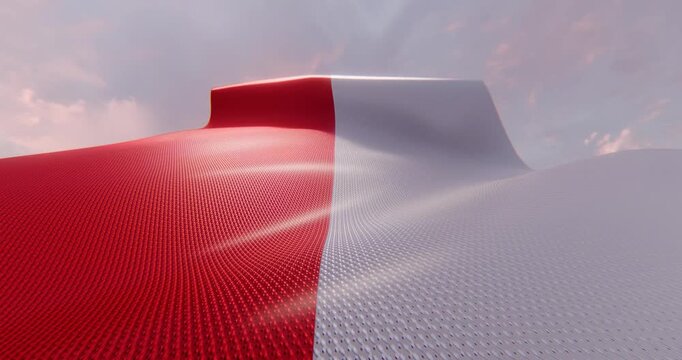 High-quality 4K seamless loop of the Indonesian national flag waving slowly against a dramatic sunset sky with clouds. Features detailed fabric texture, red and white layout, and warm lighting.