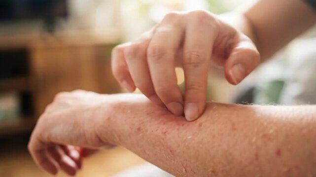 Closeup of hand scratching red rash on arm. Itchy skin irritation from allergic reaction. Common symptom for health awareness on world asthma and allergy day