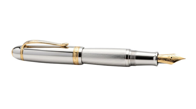 Luxury silver fountain pen with gold nib, elegant executive writing instrument, professional metallic stationery for business signing isolated PNG with Transparent Background