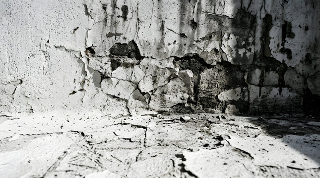 Cracked white concrete wall and floor texture.