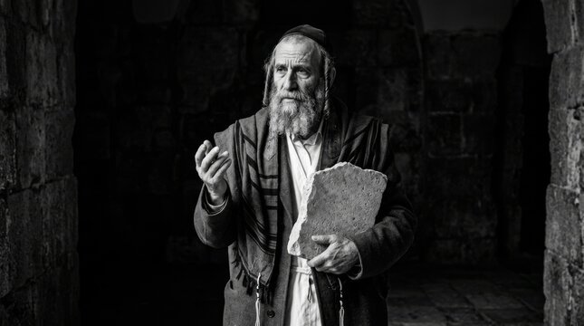 An elderly jewish man with a long grey beard and peyot holding a stone tablet and raising his hand in a dark setting