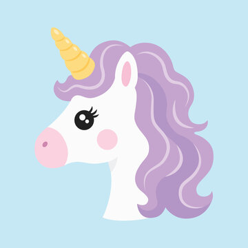 Cute pastel unicorn face illustration with purple mane, golden horn and kawaii style. Flat vector cartoon isolated on white background, perfect for nursery, kids decor, stickers, prints and branding.