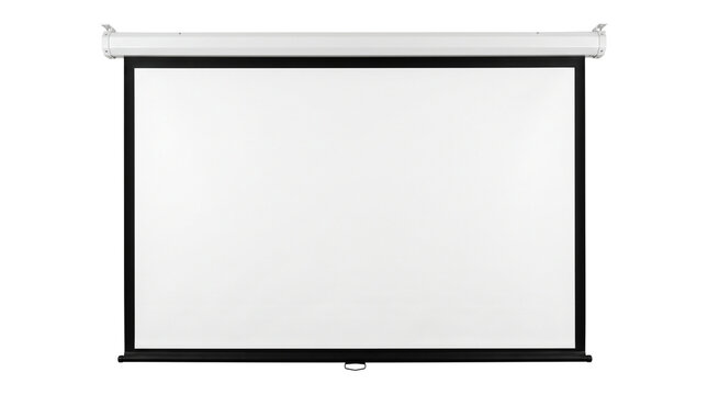 Professional projector screen with black border, blank white projection surface for presentations, wall mounted pull down cinema screen isolated PNG with Transparent Background