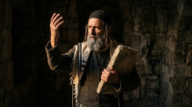 An elderly jewish man with a long grey beard and peyot holding a stone tablet and raising his hand in a dark setting