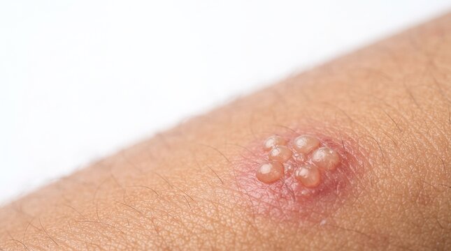 Macro close up shot of herpes simplex virus cluster with fluid filled blisters on red skin
