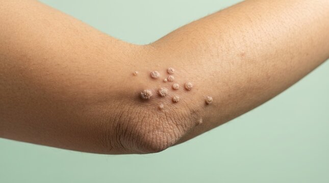 Cluster of viral warts and molluscum contagiosum papules on human elbow skin close up