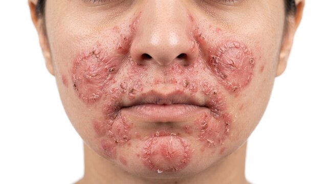 Close up of female lower face showing severe circular ringworm tinea faciei lesions