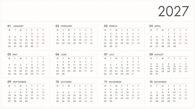 2027 Wall Calendar Template Twelve Month Grid Layout Minimal Editable Vector Planner 