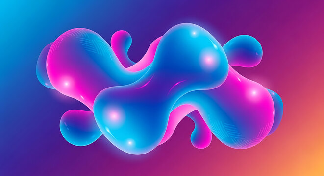 Abstract 3D liquid blobs in vibrant pink and blue with neon glow, floating and morphing in a gradient background
