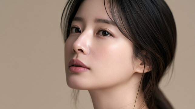 Natural beauty Korean woman close up smooth skin soft lighting neutral background youthful serene healthy complexion minimal makeup