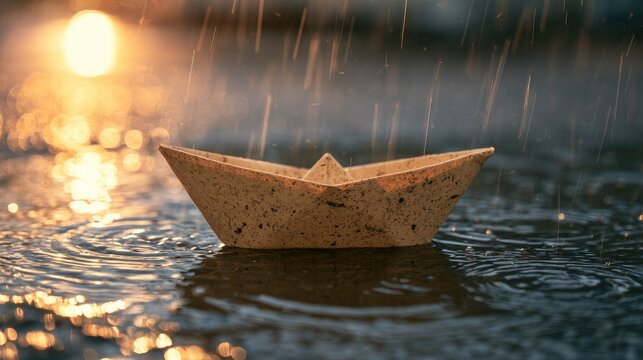 A small paper boat drifts on rippling water as rain falls and a soft light shines