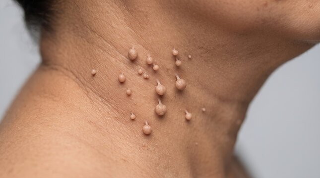 Multiple skin tags acrochordons on female neck typical benign skin growths close up