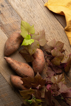 Close-up of sweet potatoes on rustic wooden surface with leaves, vine and a golden yellow towel, vertical.