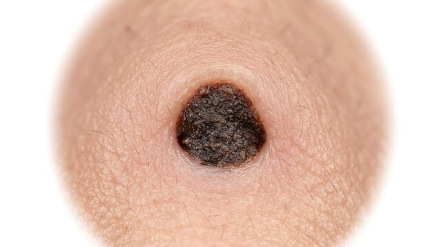 Extreme close-up of a dark, crusty mole, skin lesion, or potential melanoma on human skin indicating skin cancer risk.