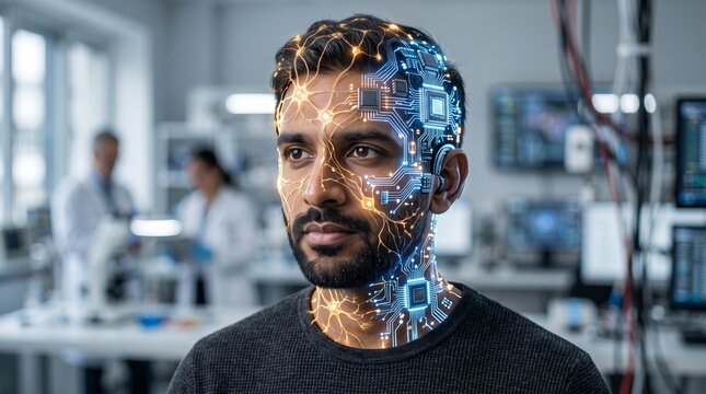 Man with digital neural network integrated into face and skin. Concept of artificial intelligence, brain interface or cyborg technology. Innovative engineering and futuristic research.