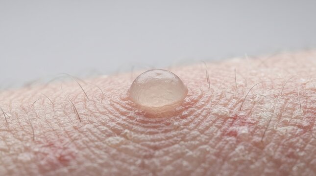 Extreme macro close up of a single clear fluid filled blister on human skin