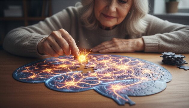 Senior woman solving brain jigsaw puzzle with glowing neural network connections. Conceptual image representing memory improvement, cognitive health, mental logic and psychology activity.