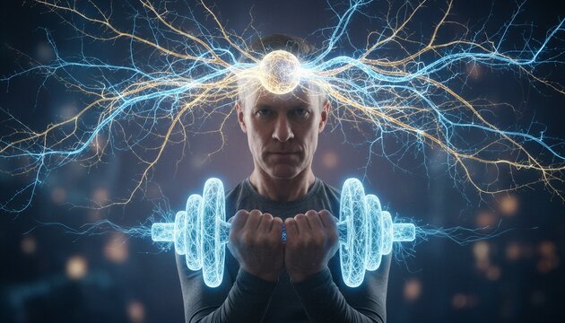 Man lifting digital dumbbell with brain connections glowing. Mental focus and strength training concept. Neural network power, cognitive performance and physical fitness for athletes.