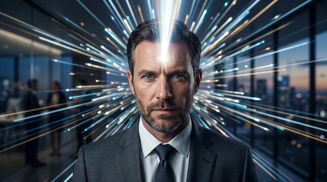 Caucasian businessman with light beam emitting from forehead. Futuristic concept of insight, intelligence and mental energy. Innovation in corporate leadership and visionary strategy.