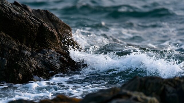 Ocean waves crash against rugged coastal rocks creating white foam and dynamic splashes in a natural seaside scene