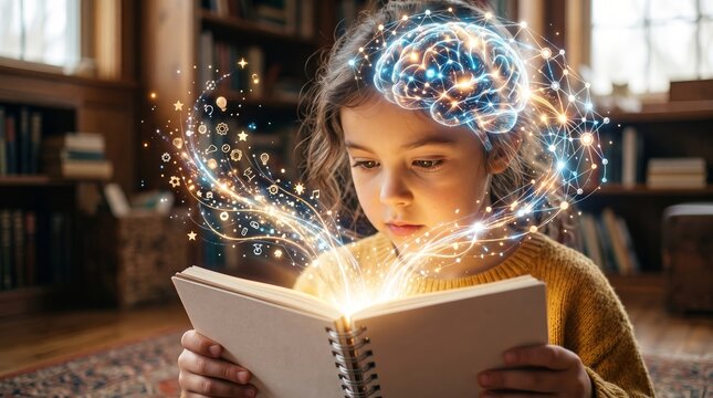 Little girl reading book with magical glowing brain icons and digital network connections. Child exploring imagination and learning with educational technology. Future knowledge concept.