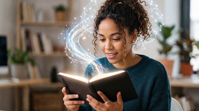 Woman reading book with magical glowing light and digital data nodes. Conceptual representation of knowledge acquisition, learning, imagination, and artificial intelligence in education.