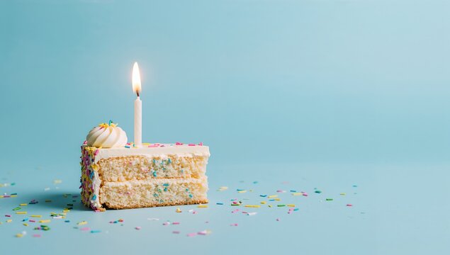 Birthday Cake Slice with Candle and Sprinkles on Blue Background