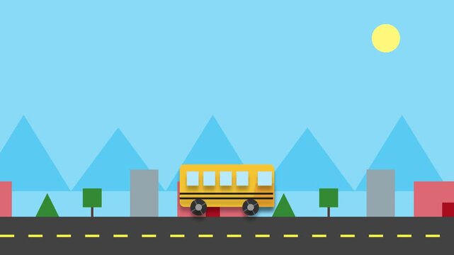 School Bus Traveling Through Flat Style Town Vector Animation
