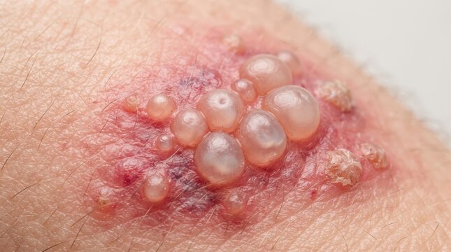 Macro shot of severe clustered fluid filled blisters on red inflamed skin base