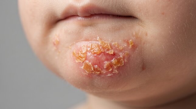 Extreme close-up of a child's chin with a red sore covered in honey-colored crusts indicating impetigo infection.