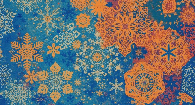 Colorful Snowflakes Pattern on Blue Background with Orange Accents