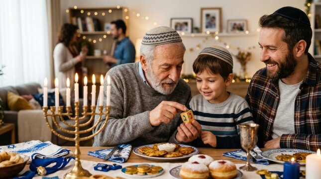 Multi-generational jewish family celebrating hanukkah at home, playing dreidel together, with menorah and gelt on table