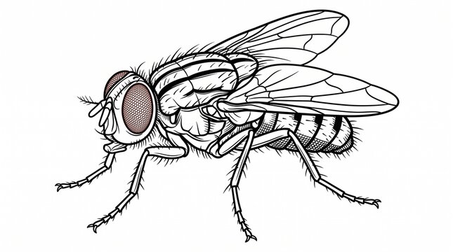 Housefly line art illustration. Detailed insect drawing for biology or pest control design.