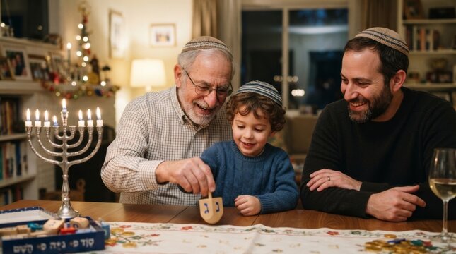 Multi-generational jewish family celebrating hanukkah at home, playing dreidel together, with menorah and gelt on table