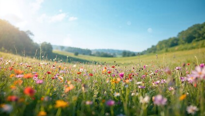 Obraz premium Vibrant Wildflower Meadow Under Clear Blue Sky on Sunny Day